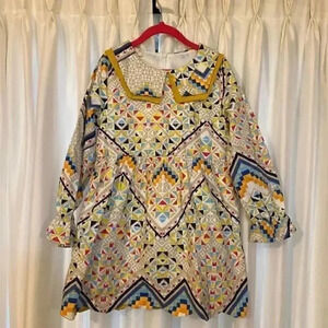 Retro-Geo print toddler‎ girl dress with flounce sleeve detail and scallop skirt